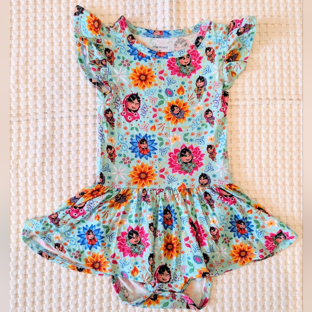 Posh Peanut Floral Bamboo Romper Bodysuit Malala Yousafzai Twirl Ruffle Size 2T